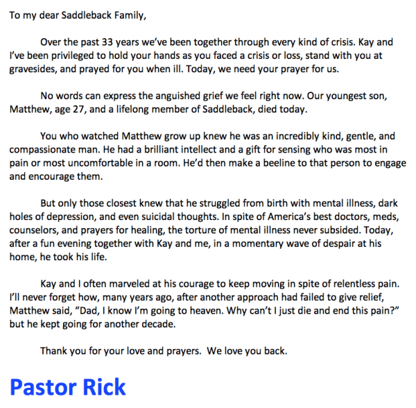 Pastor Rick Warren&#8217;s Son Takes His Own Life