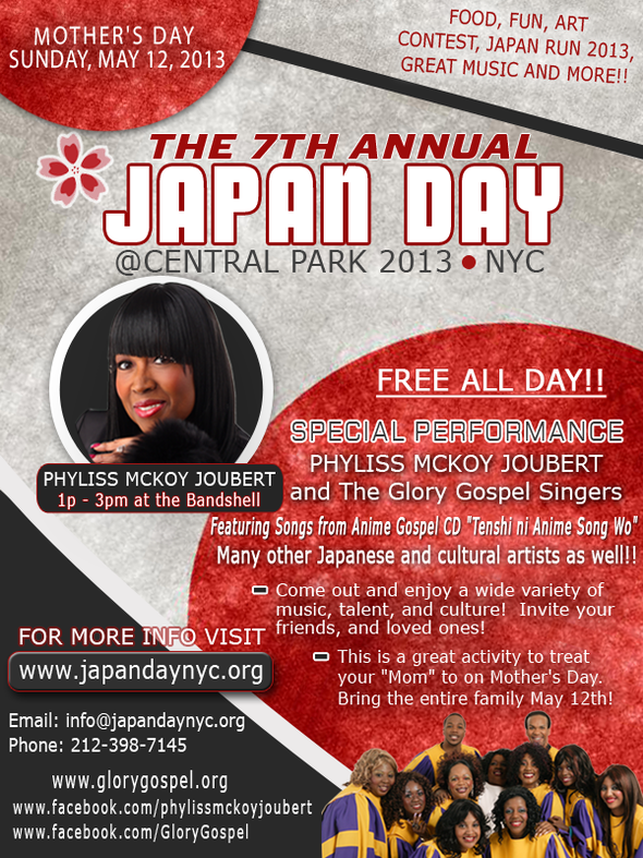Sunday, May 12th (Mother’s Day) Japan Day @ Central Park features Phyliss McKoy Joubert and The electrifying &#8220;Glory Gospel Singers&#8221;