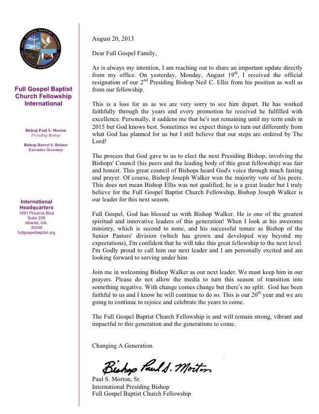 Bishop Paul S. Morton Writes Letter Addressing Resignation of Bishop Neil Ellis, Says Full Gospel Fellowship is not Split