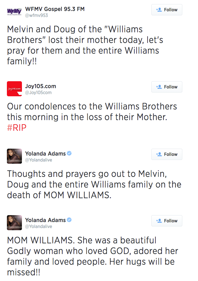 Prayers for The Williams Brothers in Loss of Mother