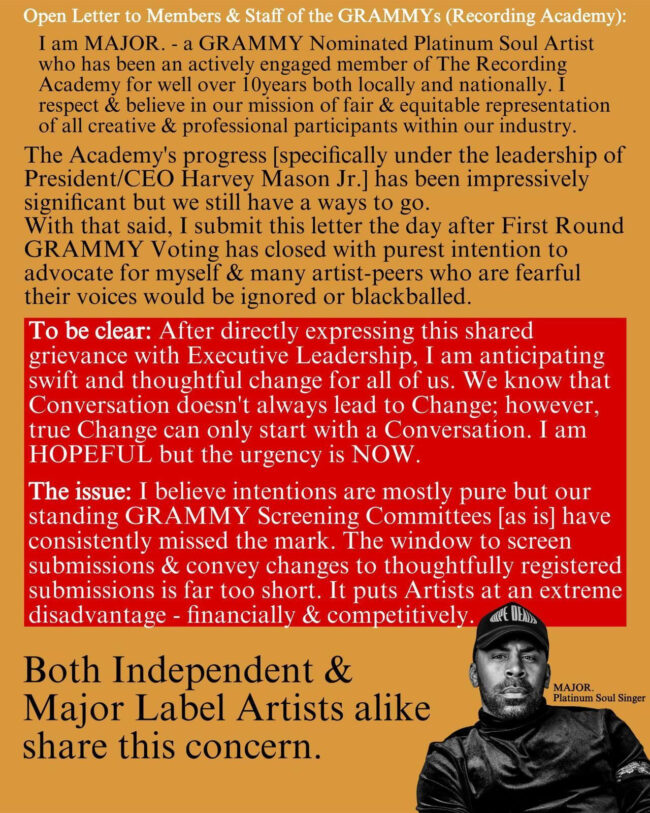 MAJOR. Addresses The Recording Academy in Open Letter Over GRAMMY Concerns