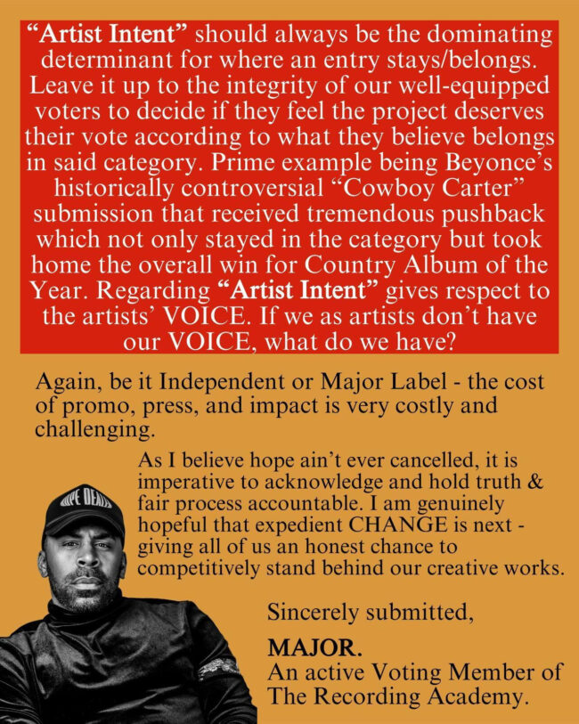 MAJOR. Addresses The Recording Academy in Open Letter Over GRAMMY Concerns